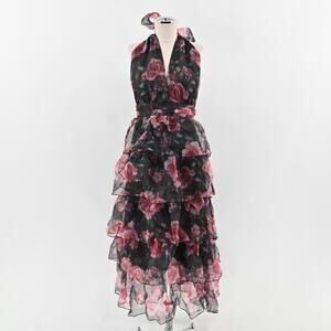 RIHOAS Dress Size S VNeck Floral Print Tiered Layered Halter Midi Black Pink NEW
